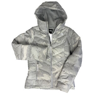 The North Face 550 Down Puffer White Camouflage Hooded Sherpa Fleece Grey XS